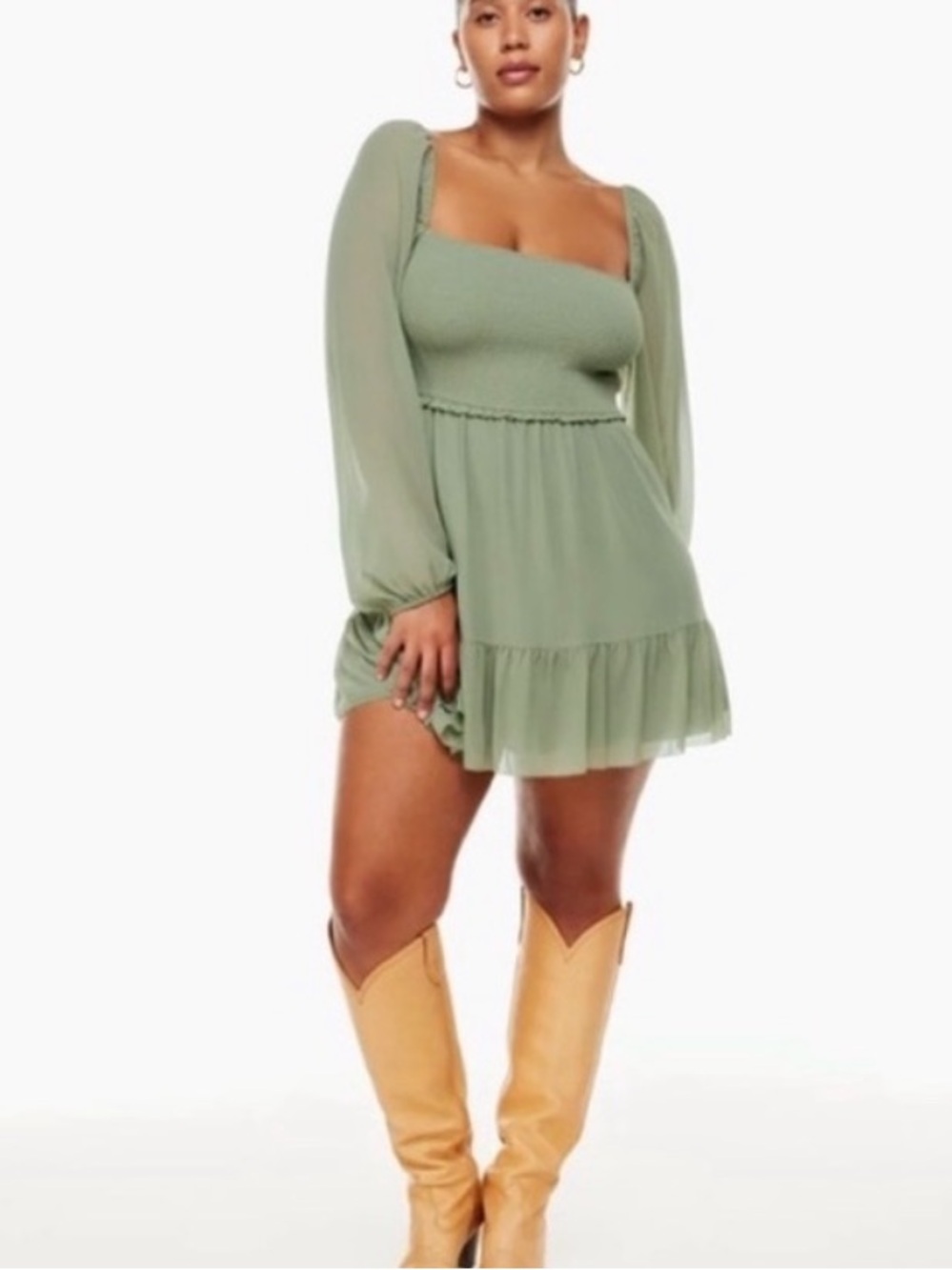 Aritzia Wilfred Tempest Smocked Chiffon Mini Dress Green